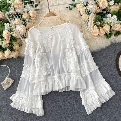 Γυναικείο πουκάμισο με οβάλ λαιμόκοψη και μακριά φαρδιά μανίκια