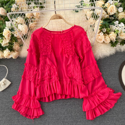 Γυναικείο πουκάμισο με οβάλ λαιμόκοψη και μακριά φαρδιά μανίκια