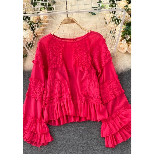 Γυναικείο πουκάμισο με οβάλ λαιμόκοψη και μακριά φαρδιά μανίκια