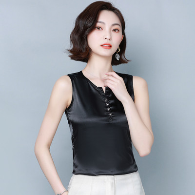 Γυναικεία σατέν αμάνικο φανελάκι με κουμπιά και φαρδιά τιραντάκια