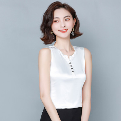 Γυναικεία σατέν αμάνικο φανελάκι με κουμπιά και φαρδιά τιραντάκια