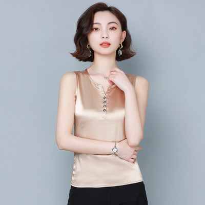 Γυναικεία σατέν αμάνικο φανελάκι με κουμπιά και φαρδιά τιραντάκια