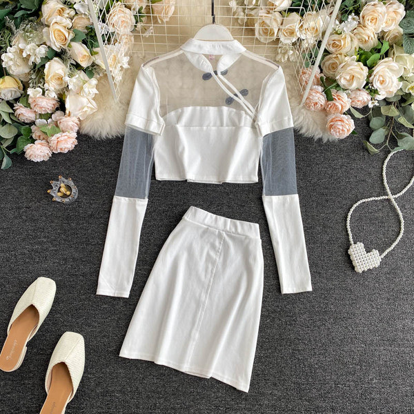 Sieviešu blūzes komplekts ar tillu un svārkiem ar augstu vidukli