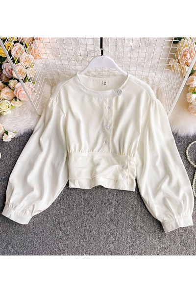 Moderns sieviešu īss krekls ar pogām un ovālu kakla izgriezumu