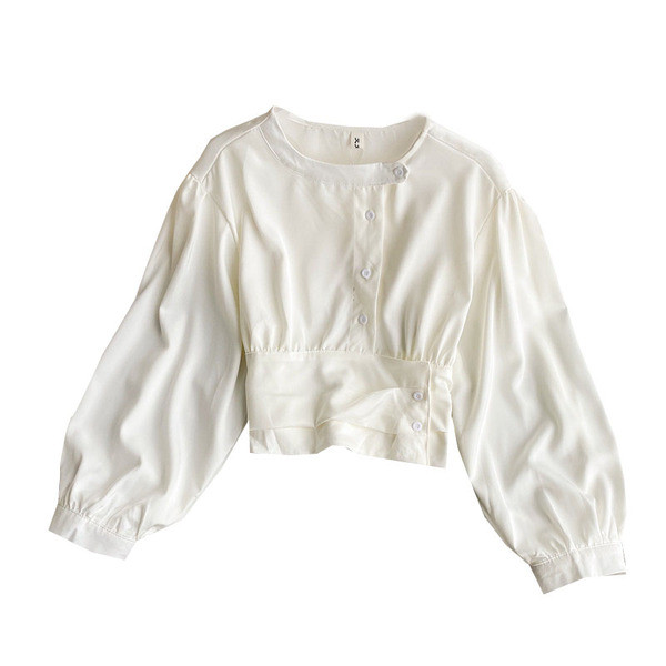 Moderns sieviešu īss krekls ar pogām un ovālu kakla izgriezumu