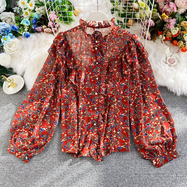 Γυναικείο casual φαρδύ πουκάμισο με λουλουδάτο μοτίβο