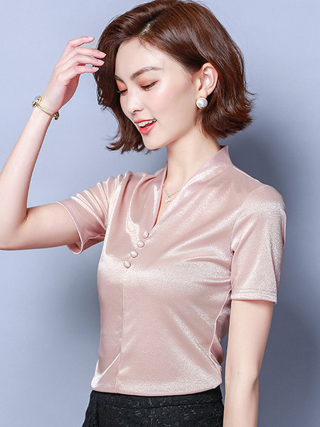 Cămașă de damă elegantă din satin, cu nasturi și mâneci scurte