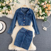 Modern női farmer szoknya és kabát szett