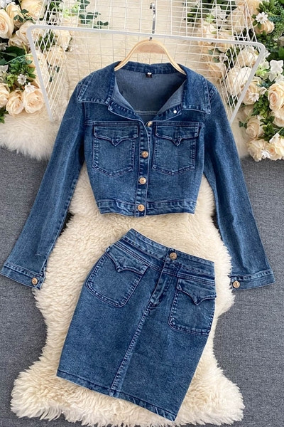 Modern női farmer szoknya és kabát szett