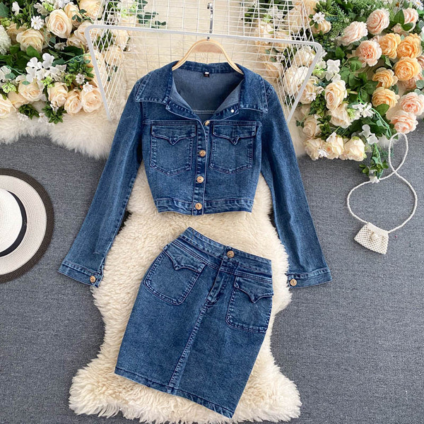 Modern női farmer szoknya és kabát szett