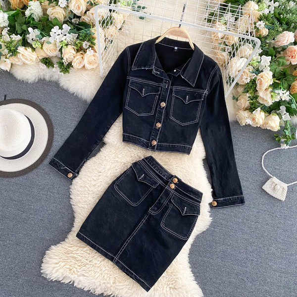 Modern női farmer szoknya és kabát szett