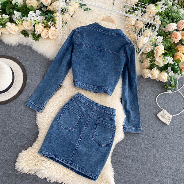 Modern női farmer szoknya és kabát szett