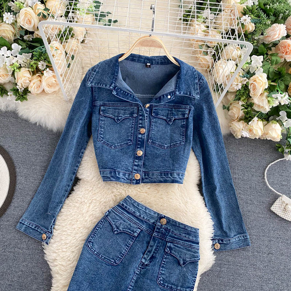 Modern női farmer szoknya és kabát szett