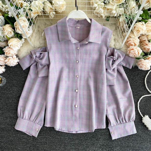 Γυναικείο πουκάμισο καρό με γυμνούς ώμους και κορδέλες