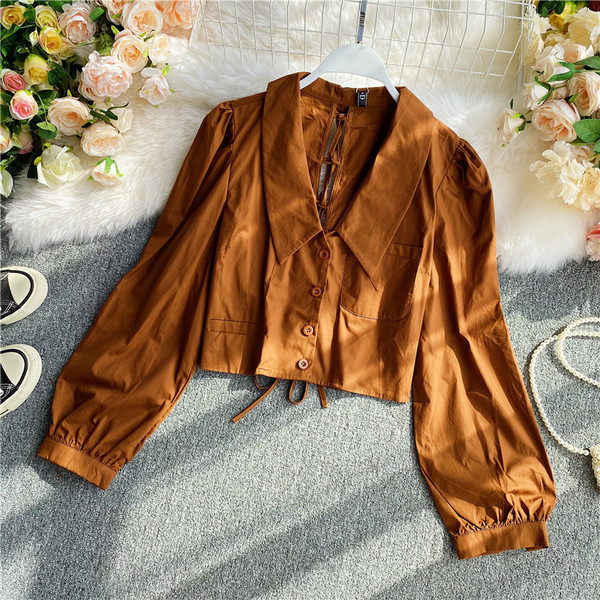 Pašreizējais sieviešu īss krekls ar saitēm un pogām