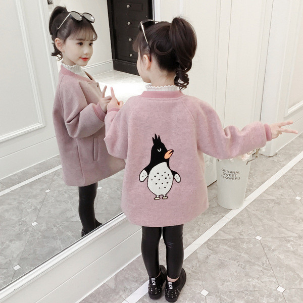 Φθινοπωρινό παιδικό παλτό για κορίτσια με οβάλ γιακά και κεντήματα