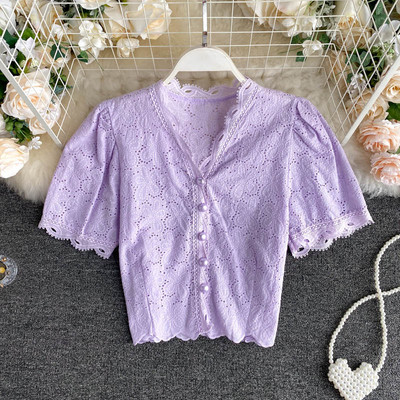 Női csipke retro ing spitz nyakkivágással és gombokkal