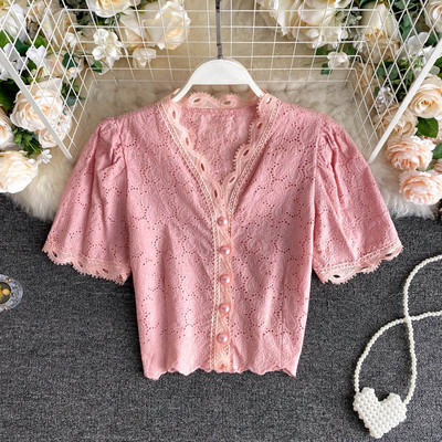 Női csipke retro ing spitz nyakkivágással és gombokkal