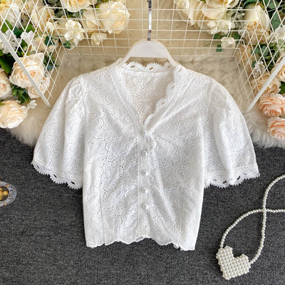 Női csipke retro ing spitz nyakkivágással és gombokkal