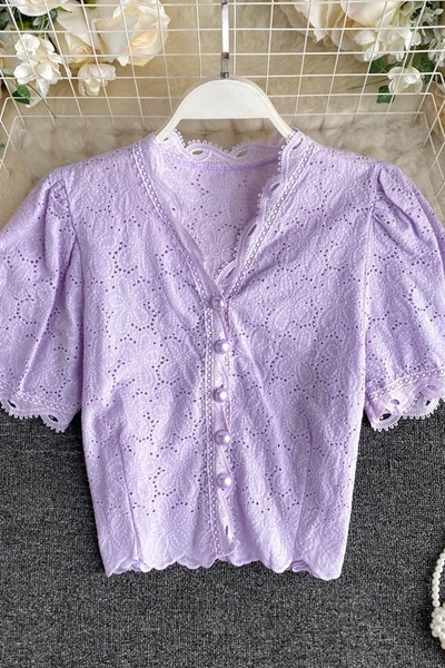 Női csipke retro ing spitz nyakkivágással és gombokkal