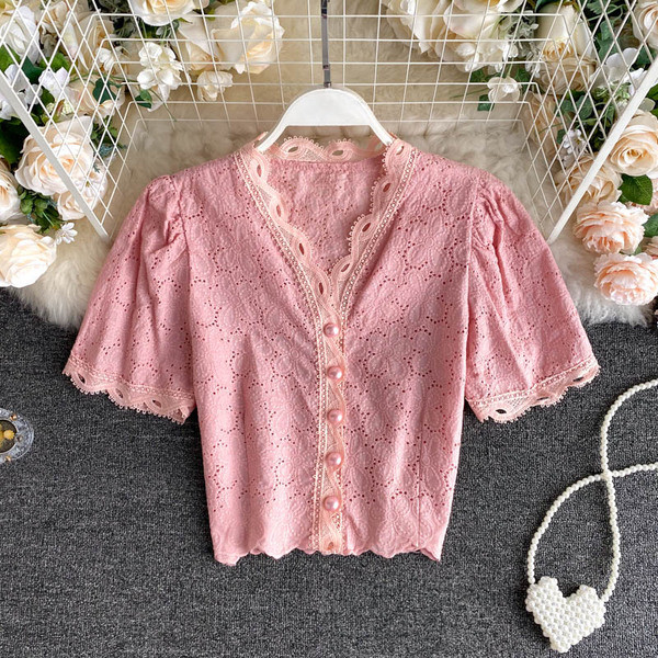 Női csipke retro ing spitz nyakkivágással és gombokkal