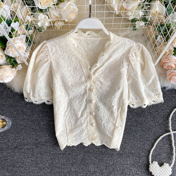Női csipke retro ing spitz nyakkivágással és gombokkal