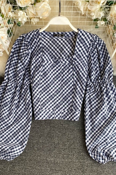 Γυναικείο ρετρό τυλ πουκάμισο καρό με τετράγωνο ντεκολτέ