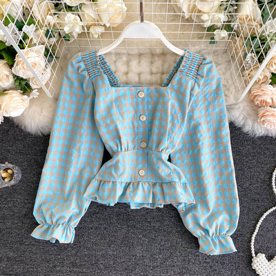 Ruuduline naiste retrosärk kandilise dekoltee ja nööpidega