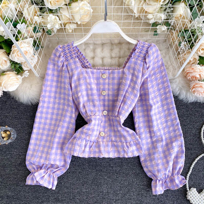 Ruuduline naiste retrosärk kandilise dekoltee ja nööpidega