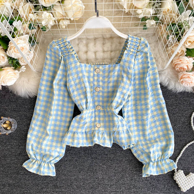 Ruuduline naiste retrosärk kandilise dekoltee ja nööpidega