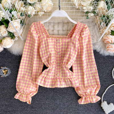 Ruuduline naiste retrosärk kandilise dekoltee ja nööpidega