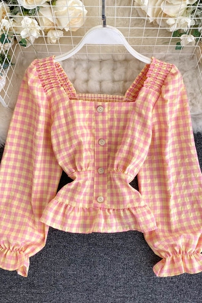 Ruuduline naiste retrosärk kandilise dekoltee ja nööpidega