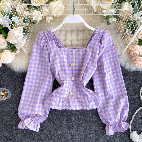 Ruuduline naiste retrosärk kandilise dekoltee ja nööpidega