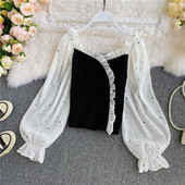 Γυναικείο μακρυμάνικο πουκάμισο τούλι σε μαύρο και άσπρο χρώμα