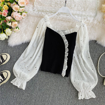 Γυναικείο μακρυμάνικο πουκάμισο τούλι σε μαύρο και άσπρο χρώμα