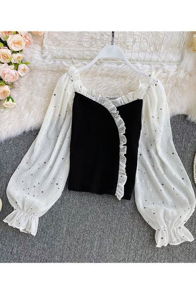 Γυναικείο μακρυμάνικο πουκάμισο τούλι σε μαύρο και άσπρο χρώμα