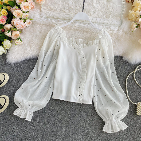 Γυναικείο μακρυμάνικο πουκάμισο τούλι σε μαύρο και άσπρο χρώμα