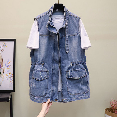 Γυναικείο γιλέκο τζιν με κορδόνια στη μέση και τσέπες