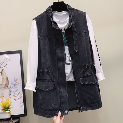 Γυναικείο γιλέκο τζιν με κορδόνια στη μέση και τσέπες