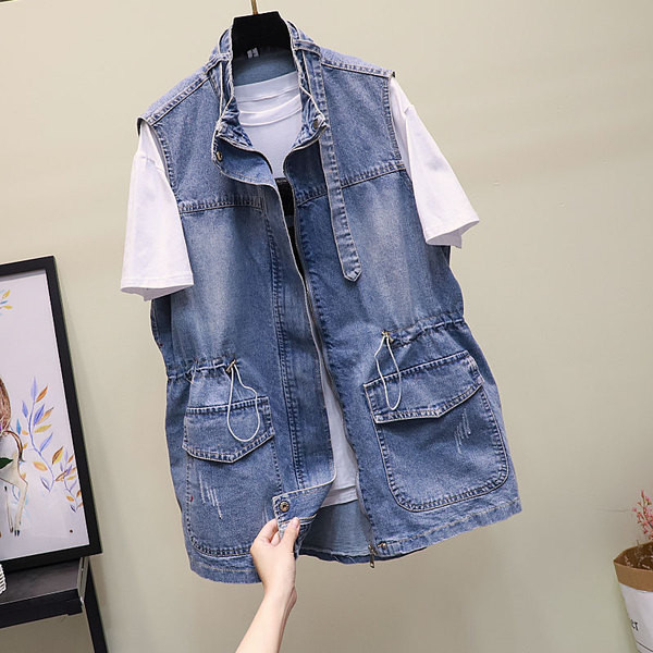 Γυναικείο γιλέκο τζιν με κορδόνια στη μέση και τσέπες