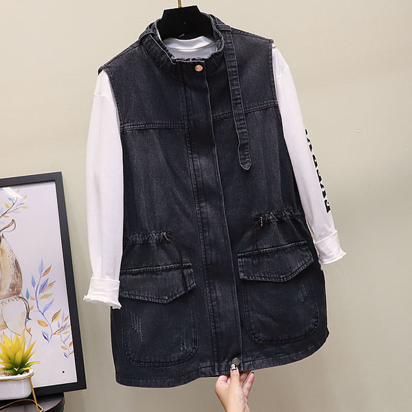 Γυναικείο γιλέκο τζιν με κορδόνια στη μέση και τσέπες