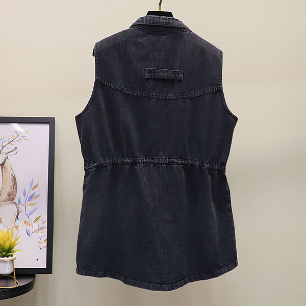 Γυναικείο γιλέκο τζιν με κορδόνια στη μέση και τσέπες