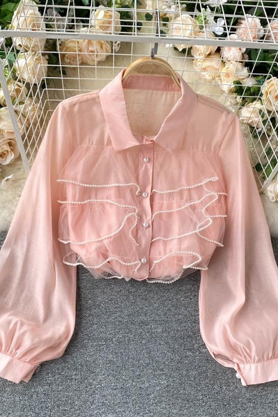 Cămașă modernă de damă cu tul și perle