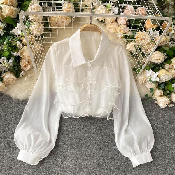 Cămașă modernă de damă cu tul și perle