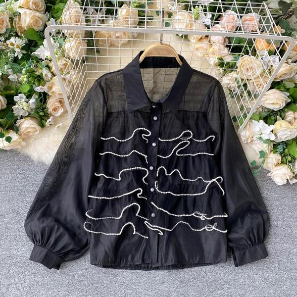 Cămașă modernă de damă cu tul și perle