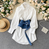 Stiilne naiste pikk särk vöö ja klassikalise kraega