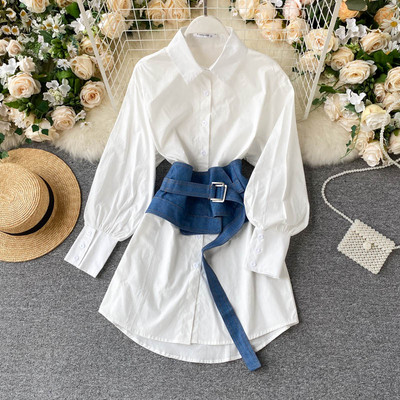 Stiilne naiste pikk särk vöö ja klassikalise kraega