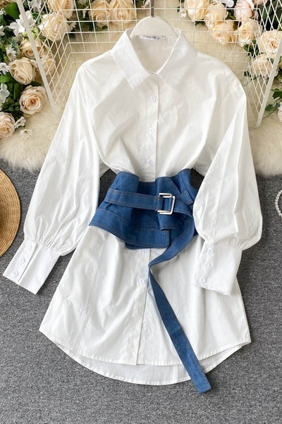 Stiilne naiste pikk särk vöö ja klassikalise kraega