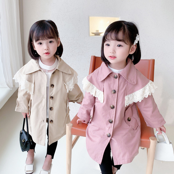 Φθινοπωρινό παιδικό μπουφάν για κορίτσια με κλασικό κολάρο και δαντέλα