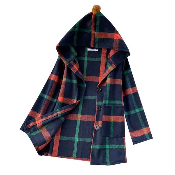 Palton de damă în carouri cu glugă și puf